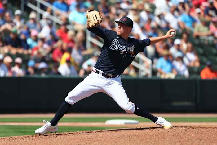 Feb 25, 2023; North Port, Florida, USA; Atlanta Braves relief pitcher Kolby Allard (49) throws a pitch during the first inning against the Boston Red Sox at CoolToday Park. Mandatory Credit: Kim Klement-USA TODAY Sports